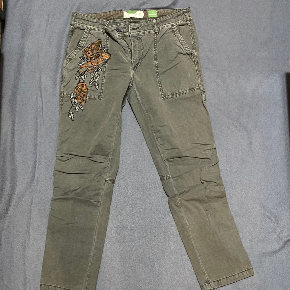Anthropologie Olive Embroidered Floral Pants